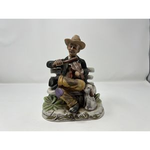 Vtg Norleans Japan  Man on Bench Playing Fiddle & His Dog 7 1/2" T x 6"L x 4"W